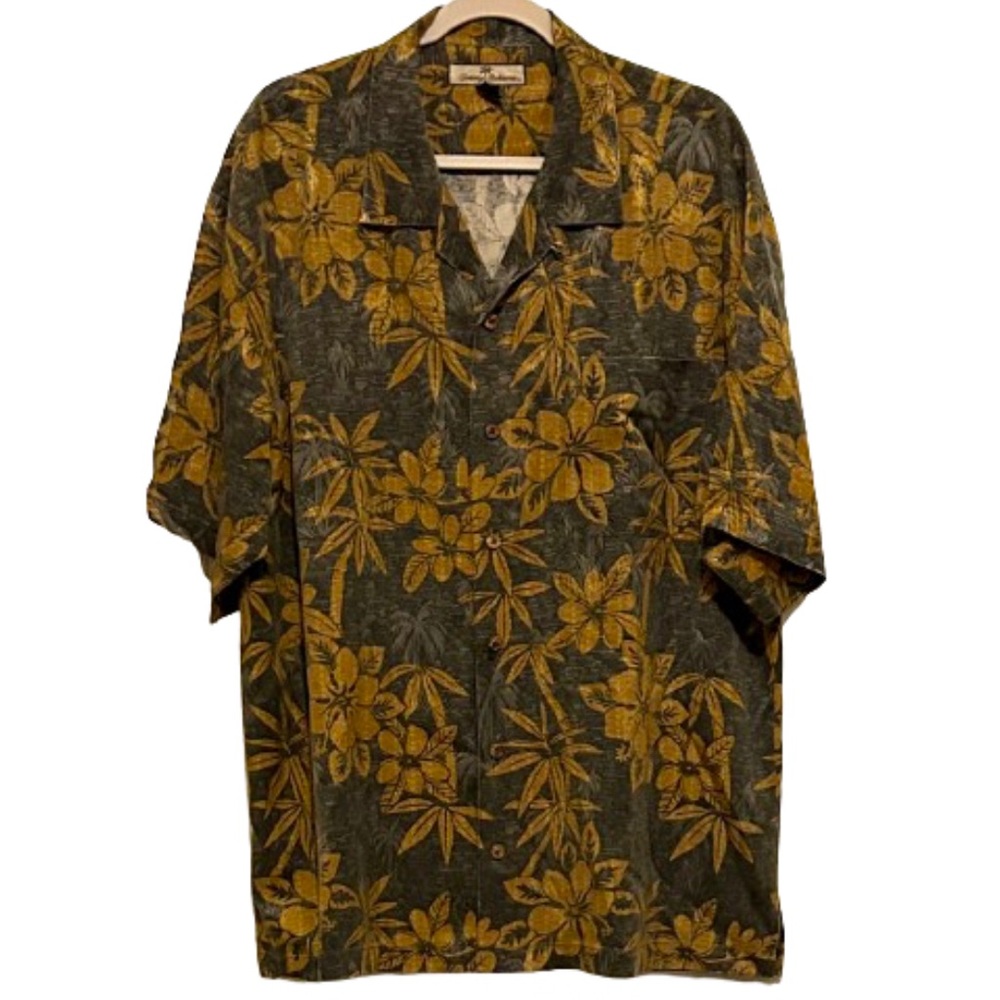 TOMMY BAHAMA Mens XL Silk Button Up Shirt Gray with Brown Tropical Print S/L